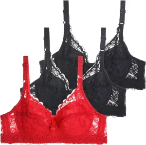 3 Pcs Bras for Women Wireless Full Coverage T Shirt Bra No Underwire V Neck Lace Lift Bralette Comfort Seamless Bra
