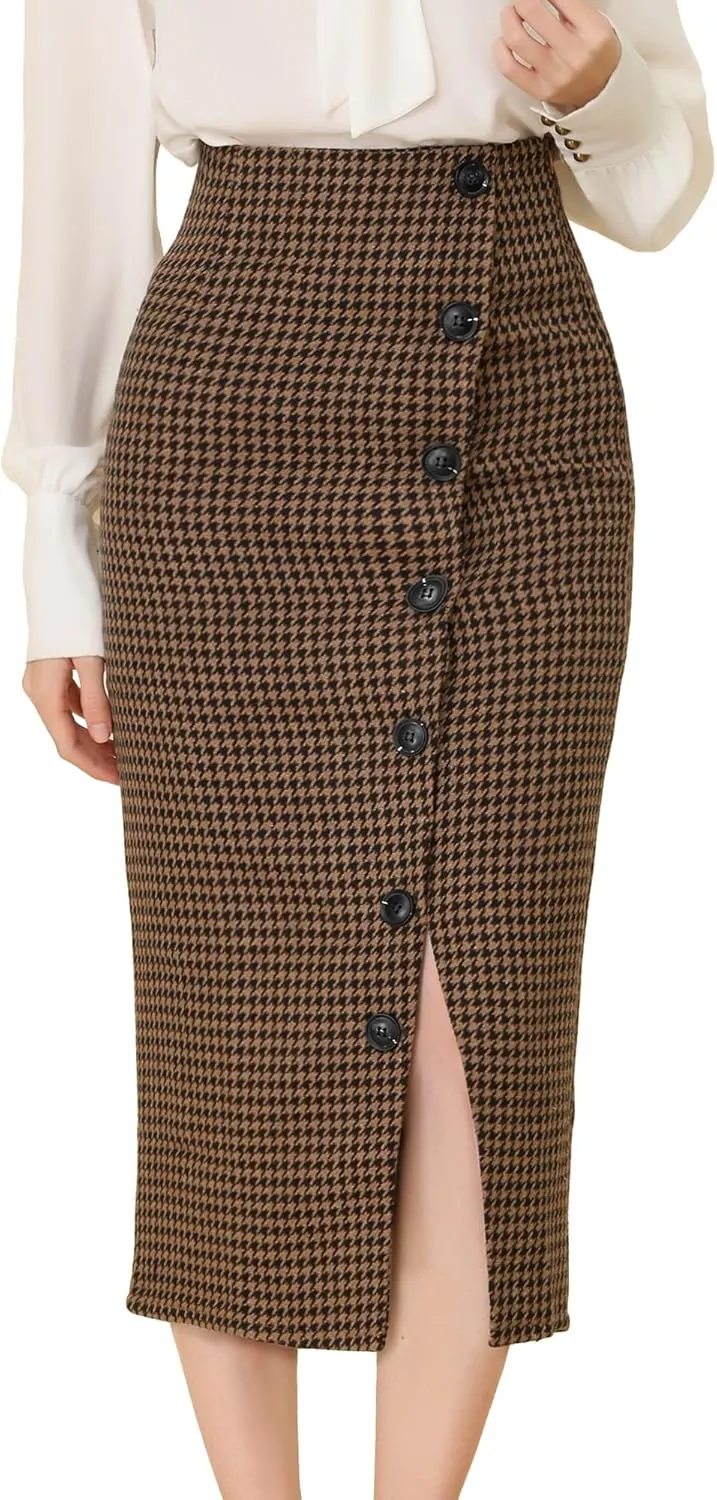 Allegra K Women's Elegant Houndstooth Elastic Waist Straight Split Midi Skirt