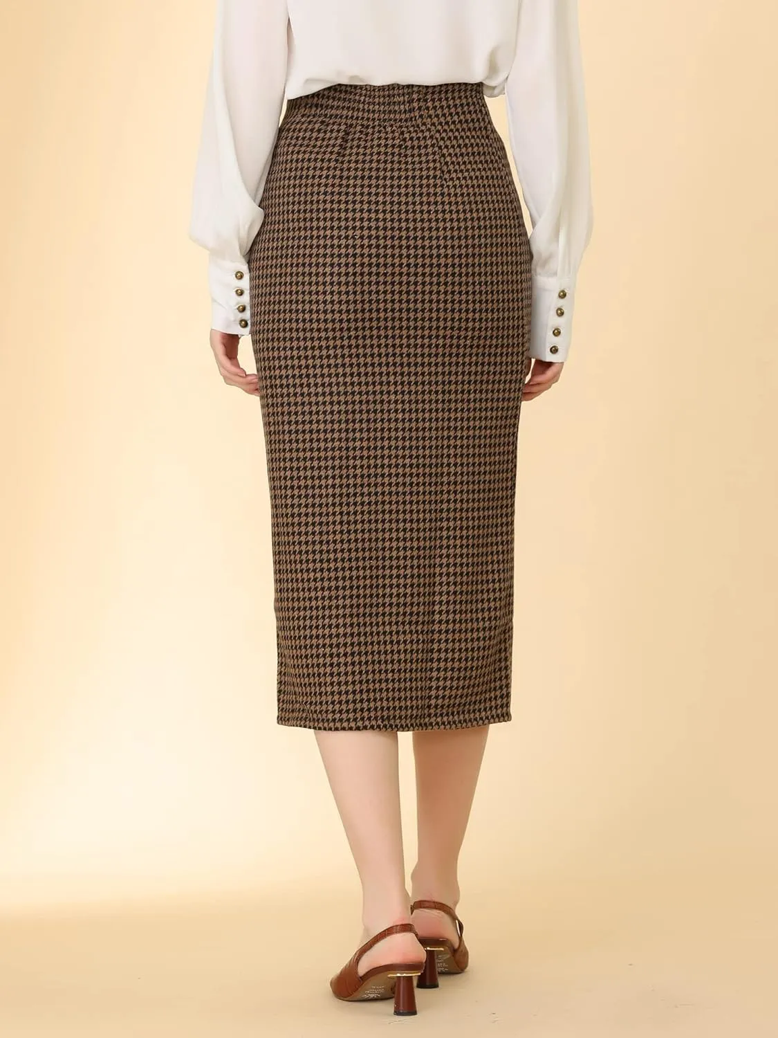 Allegra K Women's Elegant Houndstooth Elastic Waist Straight Split Midi Skirt