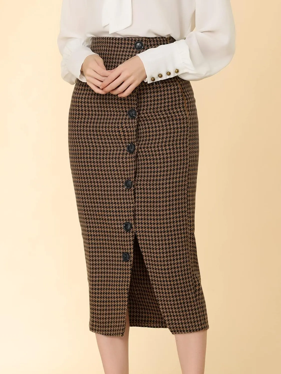 Allegra K Women's Elegant Houndstooth Elastic Waist Straight Split Midi Skirt