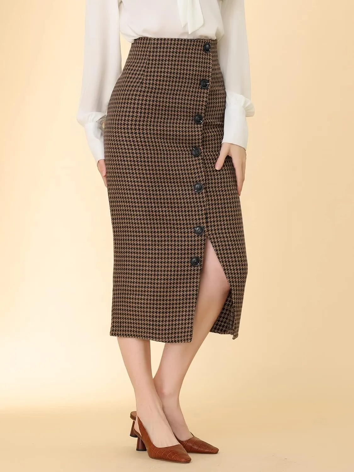 Allegra K Women's Elegant Houndstooth Elastic Waist Straight Split Midi Skirt