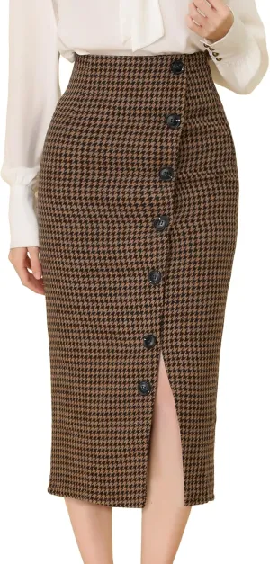 Allegra K Women's Elegant Houndstooth Elastic Waist Straight Split Midi Skirt