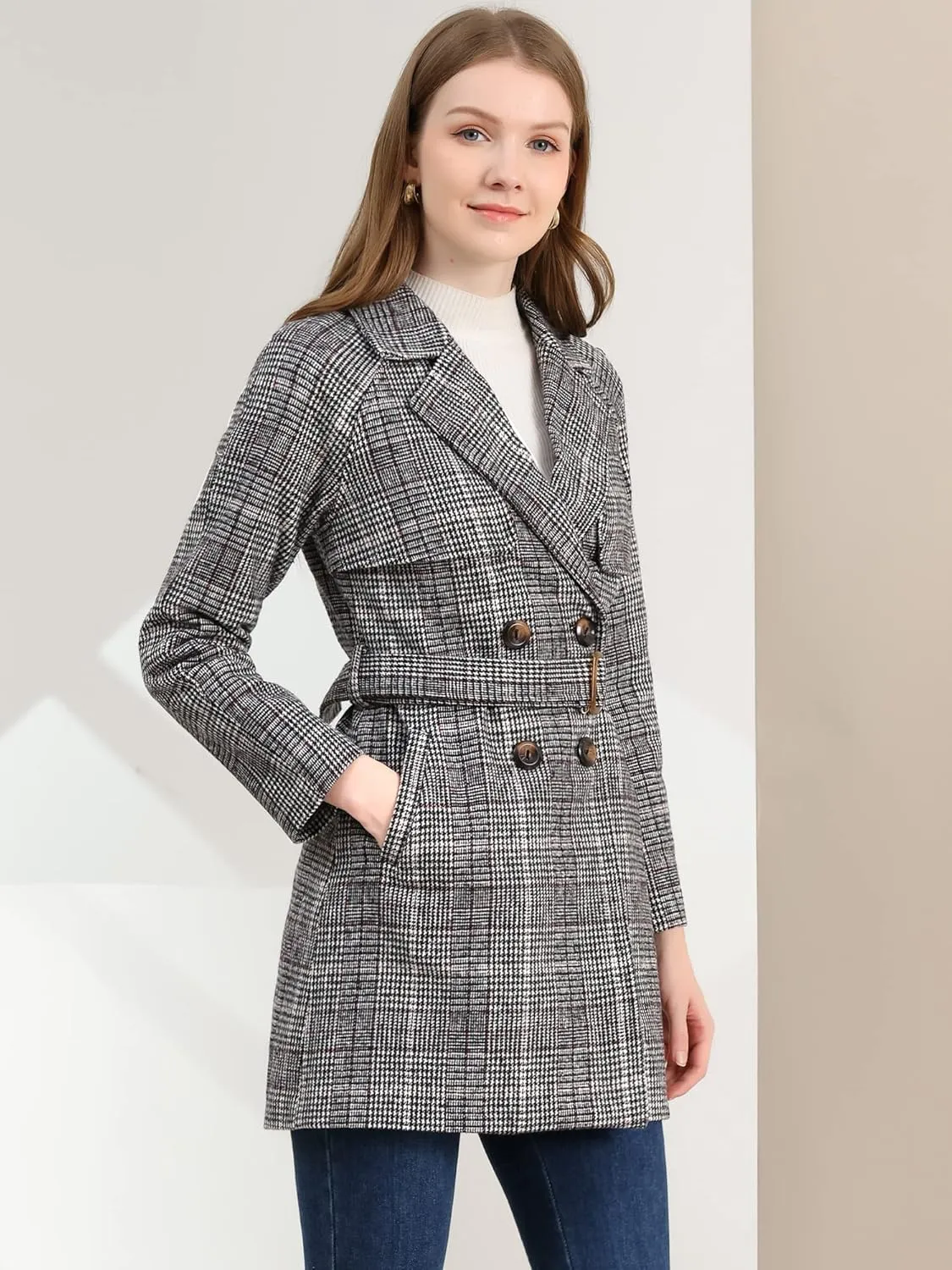 Allegra K Women's Houndstooth Notch Lapel Double Breasted Belted Trench Coat with Pockets
