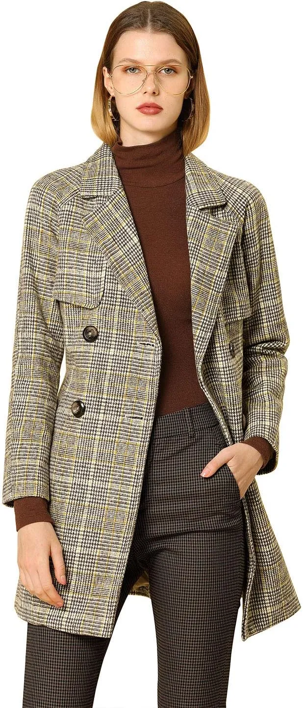 Allegra K Women's Houndstooth Notch Lapel Double Breasted Belted Trench Coat with Pockets