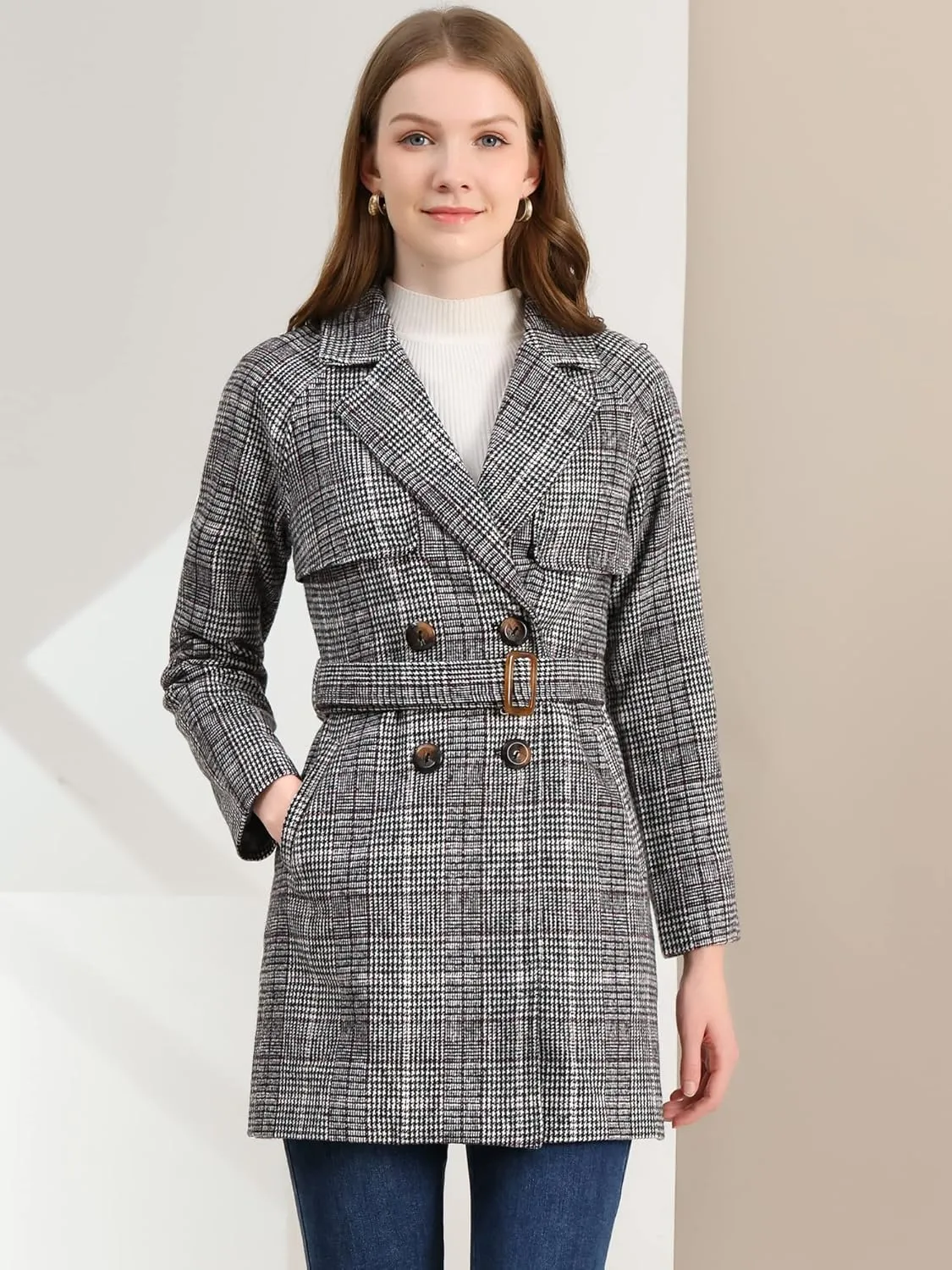 Allegra K Women's Houndstooth Notch Lapel Double Breasted Belted Trench Coat with Pockets