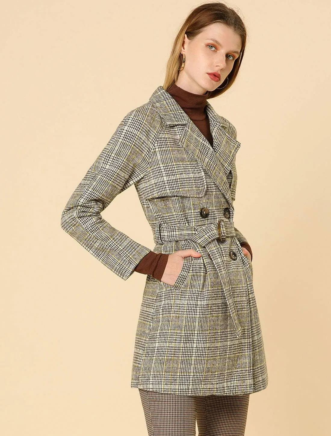 Allegra K Women's Houndstooth Notch Lapel Double Breasted Belted Trench Coat with Pockets