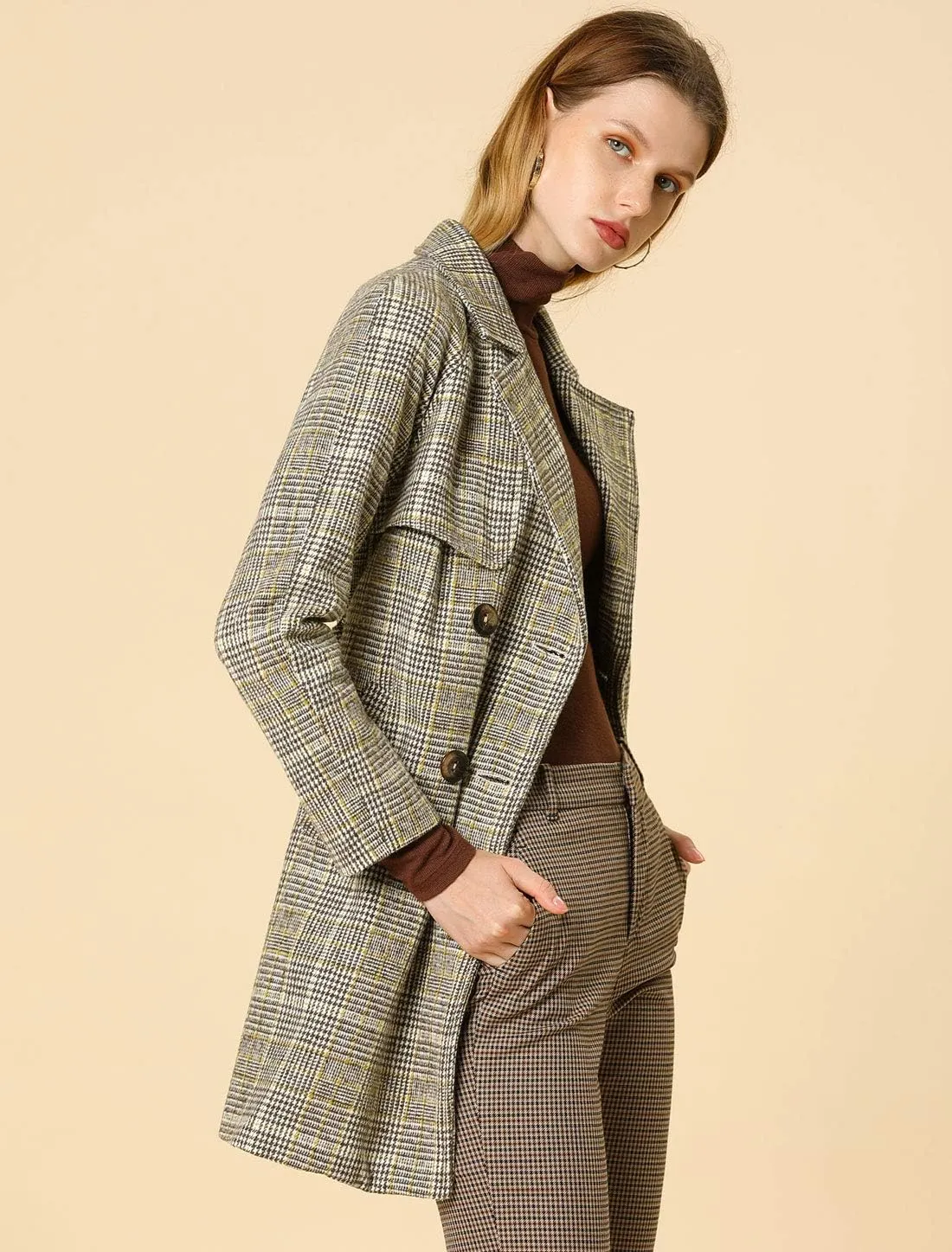 Allegra K Women's Houndstooth Notch Lapel Double Breasted Belted Trench Coat with Pockets