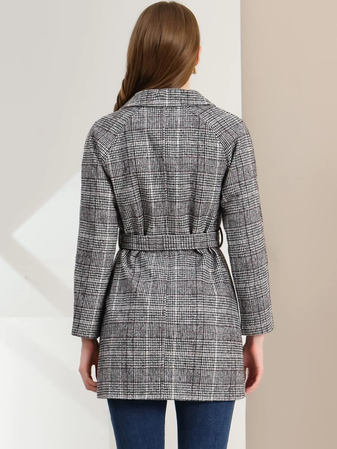 Allegra K Women's Houndstooth Notch Lapel Double Breasted Belted Trench Coat with Pockets