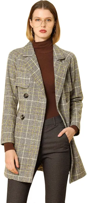Allegra K Women's Houndstooth Notch Lapel Double Breasted Belted Trench Coat with Pockets