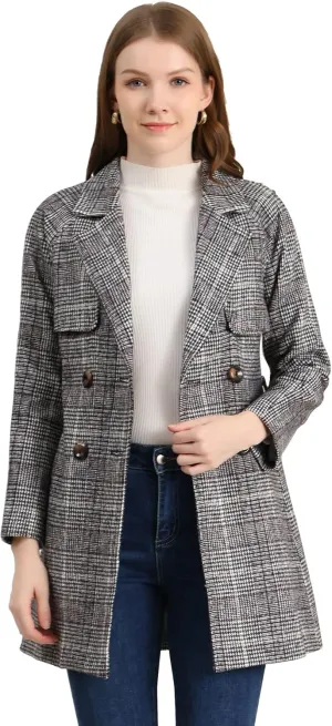 Allegra K Women's Houndstooth Notch Lapel Double Breasted Belted Trench Coat with Pockets