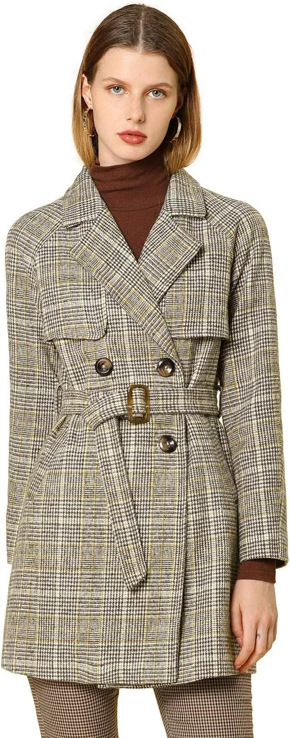 Allegra K Women's Houndstooth Notch Lapel Double Breasted Belted Trench Coat with Pockets