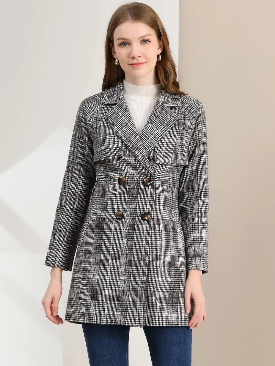 Allegra K Women's Houndstooth Notch Lapel Double Breasted Belted Trench Coat with Pockets