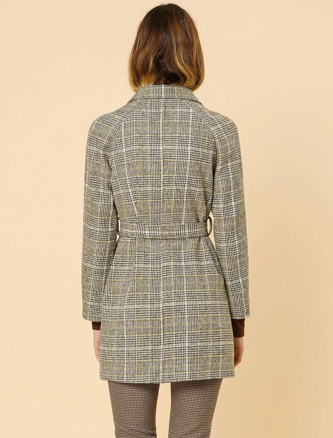 Allegra K Women's Houndstooth Notch Lapel Double Breasted Belted Trench Coat with Pockets