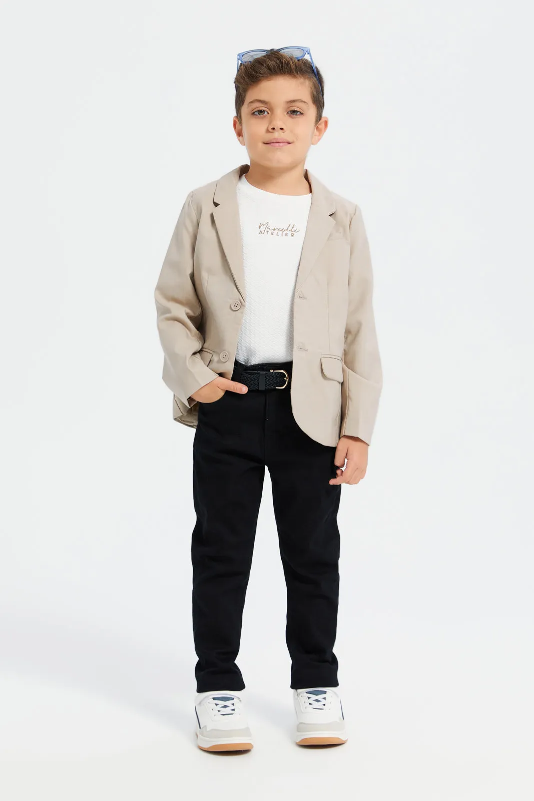Boys Beige Plain Formal Blazer
