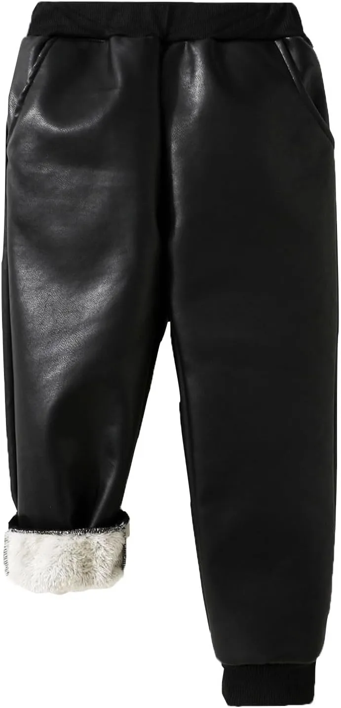Boys Black Faux Leather Joggers with Faux Fur Cuffs