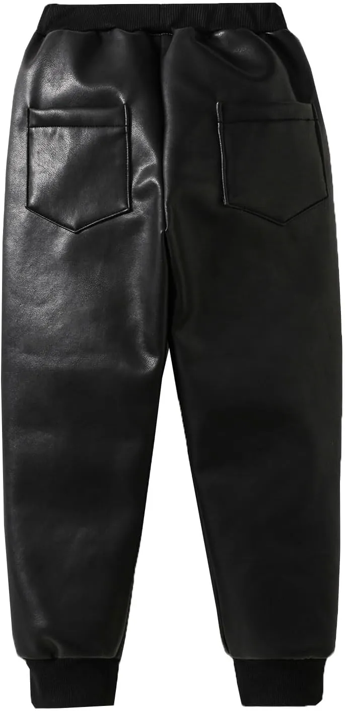 Boys Black Faux Leather Joggers with Faux Fur Cuffs