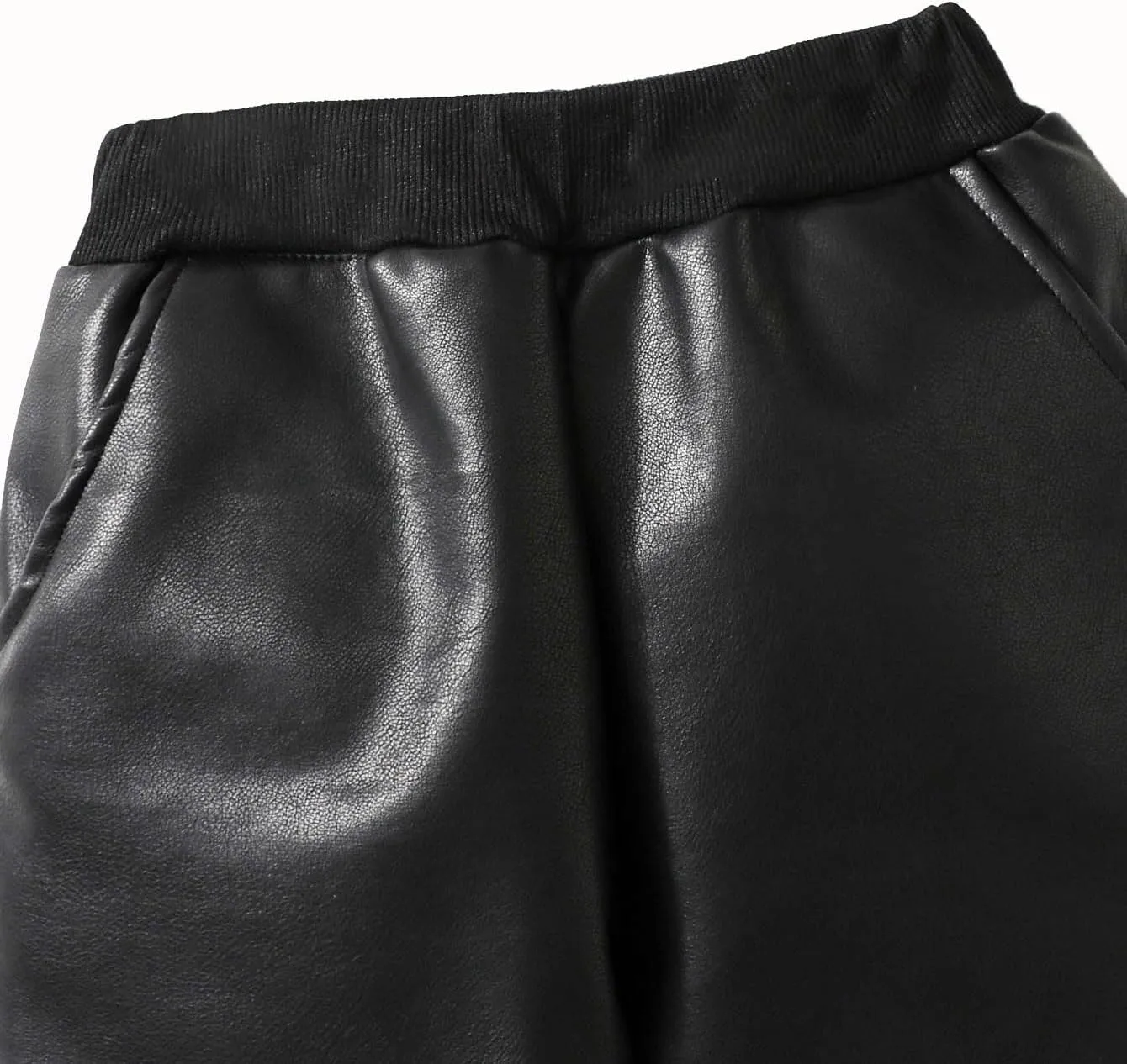 Boys Black Faux Leather Joggers with Faux Fur Cuffs