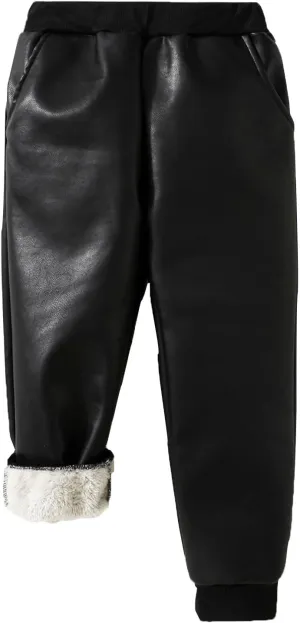 Boys Black Faux Leather Joggers with Faux Fur Cuffs