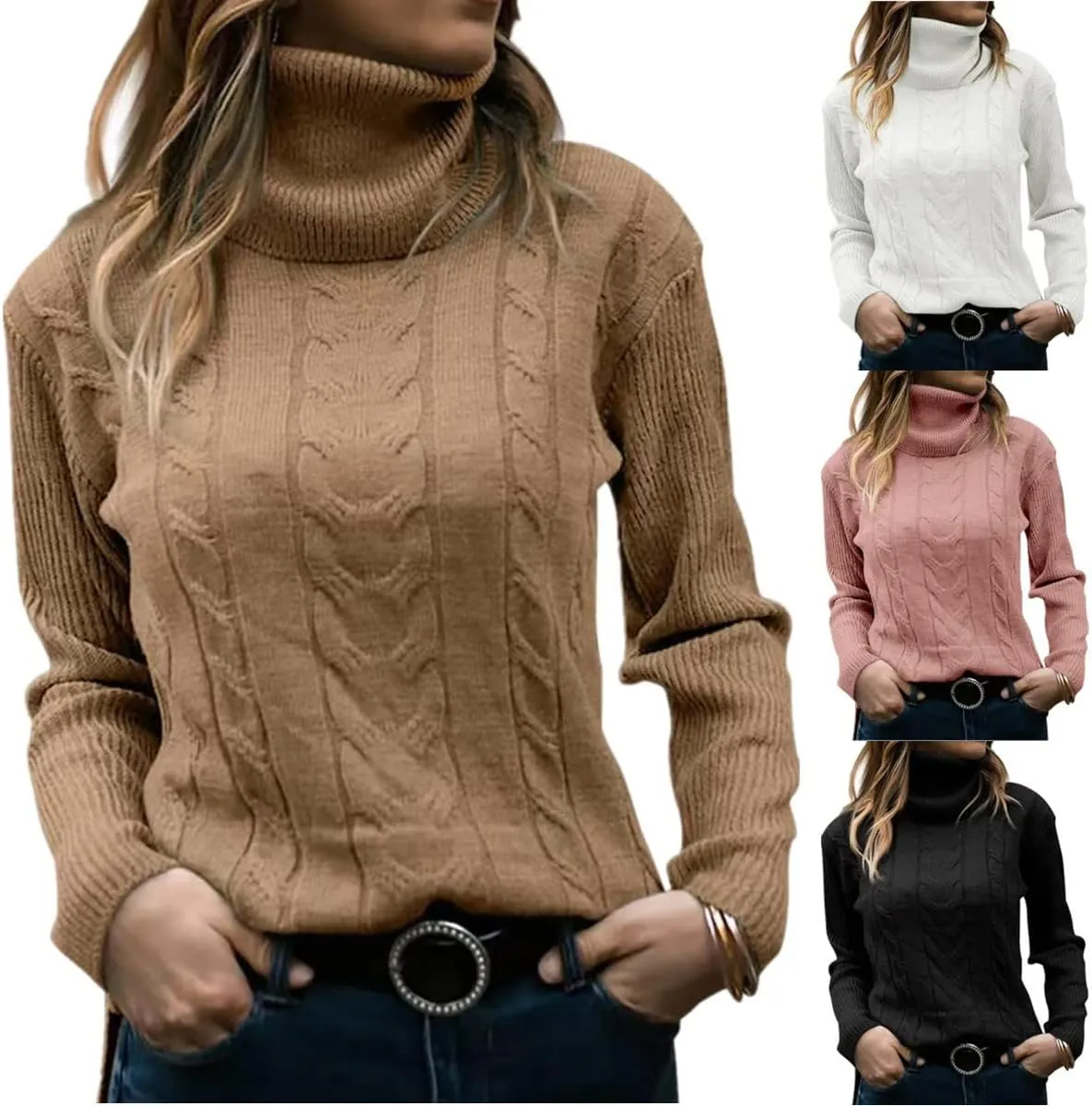 Cable Knit Sweater Women Solid Color Casual Loose Chunky Knit Pullover Oversized Long Sleeve Tops