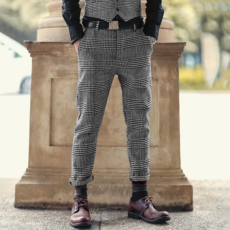 Casual Grey Plaid Woolen Stretch Men Trousers