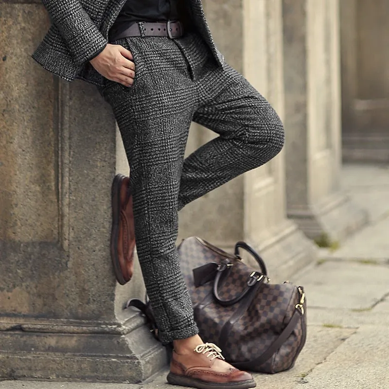Casual Grey Plaid Woolen Stretch Men Trousers