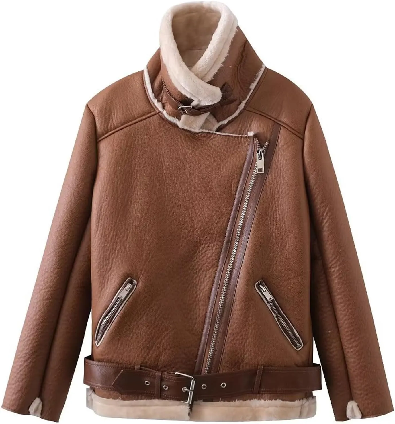 CHARTOU Women Faux Leather Jacket Fur Lined Winter Coat Warm Zip Up Notched Collar Moto Bomber Jacket