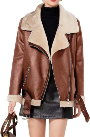 CHARTOU Women Faux Leather Jacket Fur Lined Winter Coat Warm Zip Up Notched Collar Moto Bomber Jacket