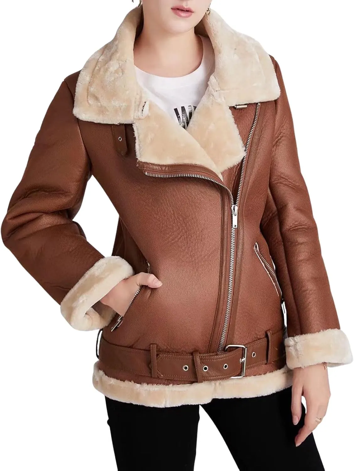 CHARTOU Women Faux Leather Jacket Fur Lined Winter Coat Warm Zip Up Notched Collar Moto Bomber Jacket