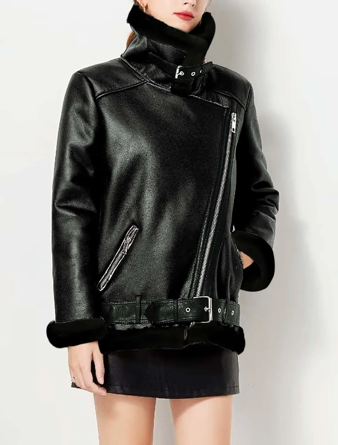 CHARTOU Women Faux Leather Jacket Fur Lined Winter Coat Warm Zip Up Notched Collar Moto Bomber Jacket
