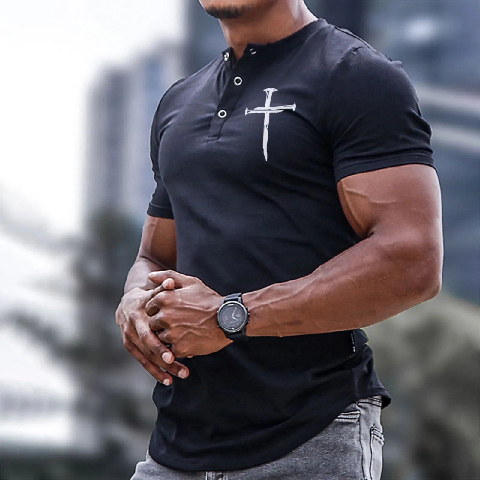 CROSS STRIPED HENLY COLLAR GRAPHIC TEE