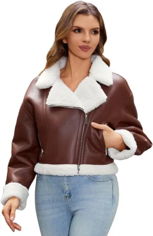 DIASHINY Women's Faux Shearing Fur Winter Coat Warm Thick Fur Lined Faux Leather Jacket