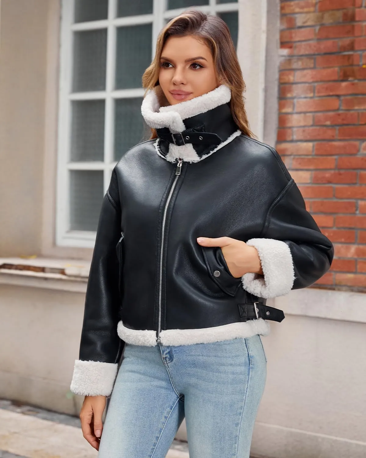 DIASHINY Women's Faux Shearing Fur Winter Coat Warm Thick Fur Lined Faux Leather Jacket
