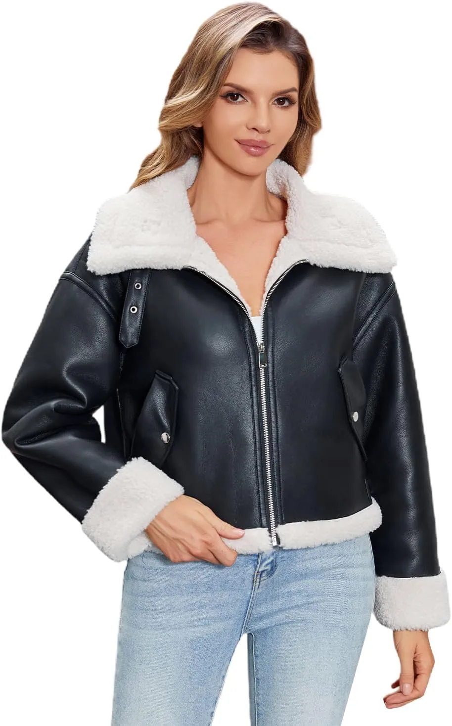 DIASHINY Women's Faux Shearing Fur Winter Coat Warm Thick Fur Lined Faux Leather Jacket