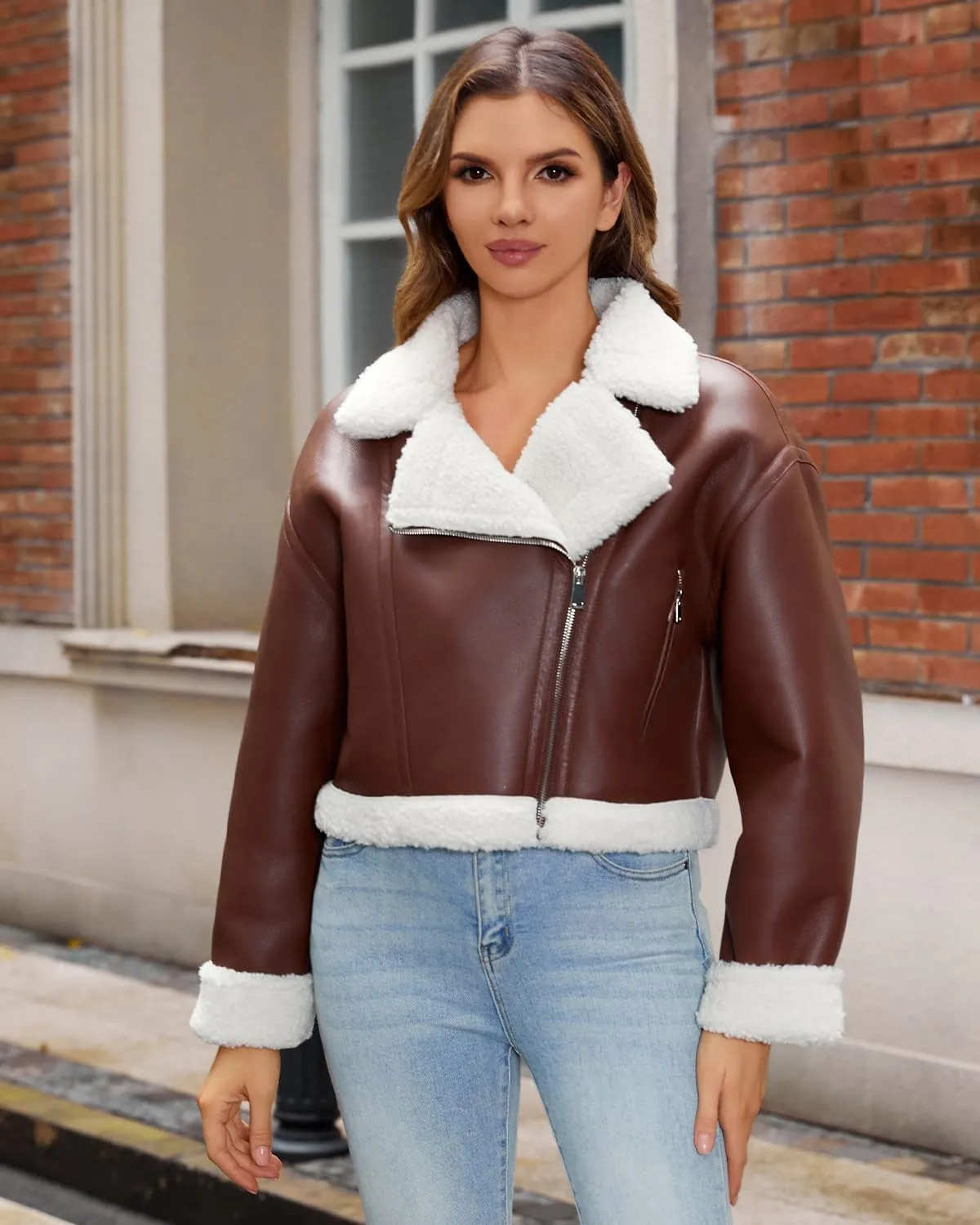 DIASHINY Women's Faux Shearing Fur Winter Coat Warm Thick Fur Lined Faux Leather Jacket
