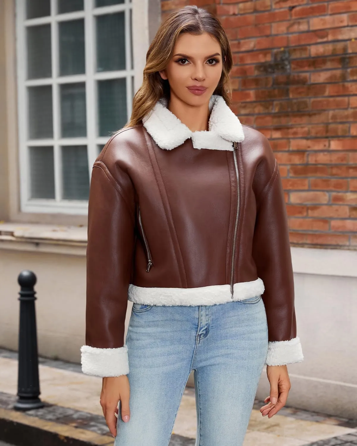 DIASHINY Women's Faux Shearing Fur Winter Coat Warm Thick Fur Lined Faux Leather Jacket