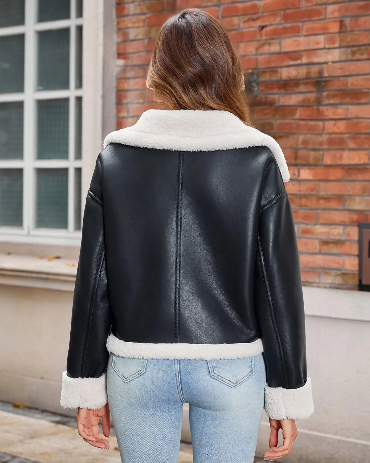 DIASHINY Women's Faux Shearing Fur Winter Coat Warm Thick Fur Lined Faux Leather Jacket