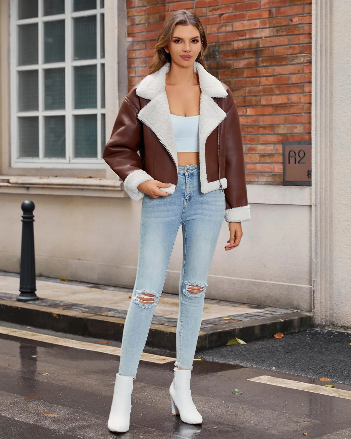 DIASHINY Women's Faux Shearing Fur Winter Coat Warm Thick Fur Lined Faux Leather Jacket