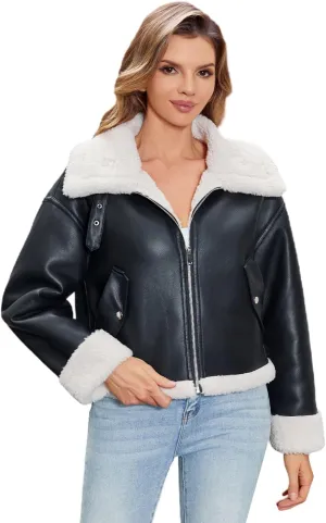 DIASHINY Women's Faux Shearing Fur Winter Coat Warm Thick Fur Lined Faux Leather Jacket