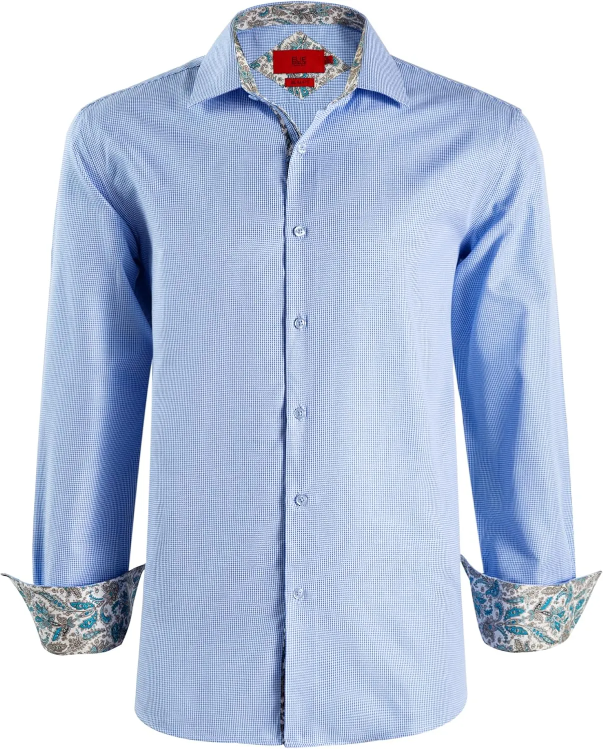 Elie Balleh Men’s Slim Fit Shirt Houndstooth Dress Button-Down Shirt with Natural Stretch and Distinctive Design, Baby Blue, Medium