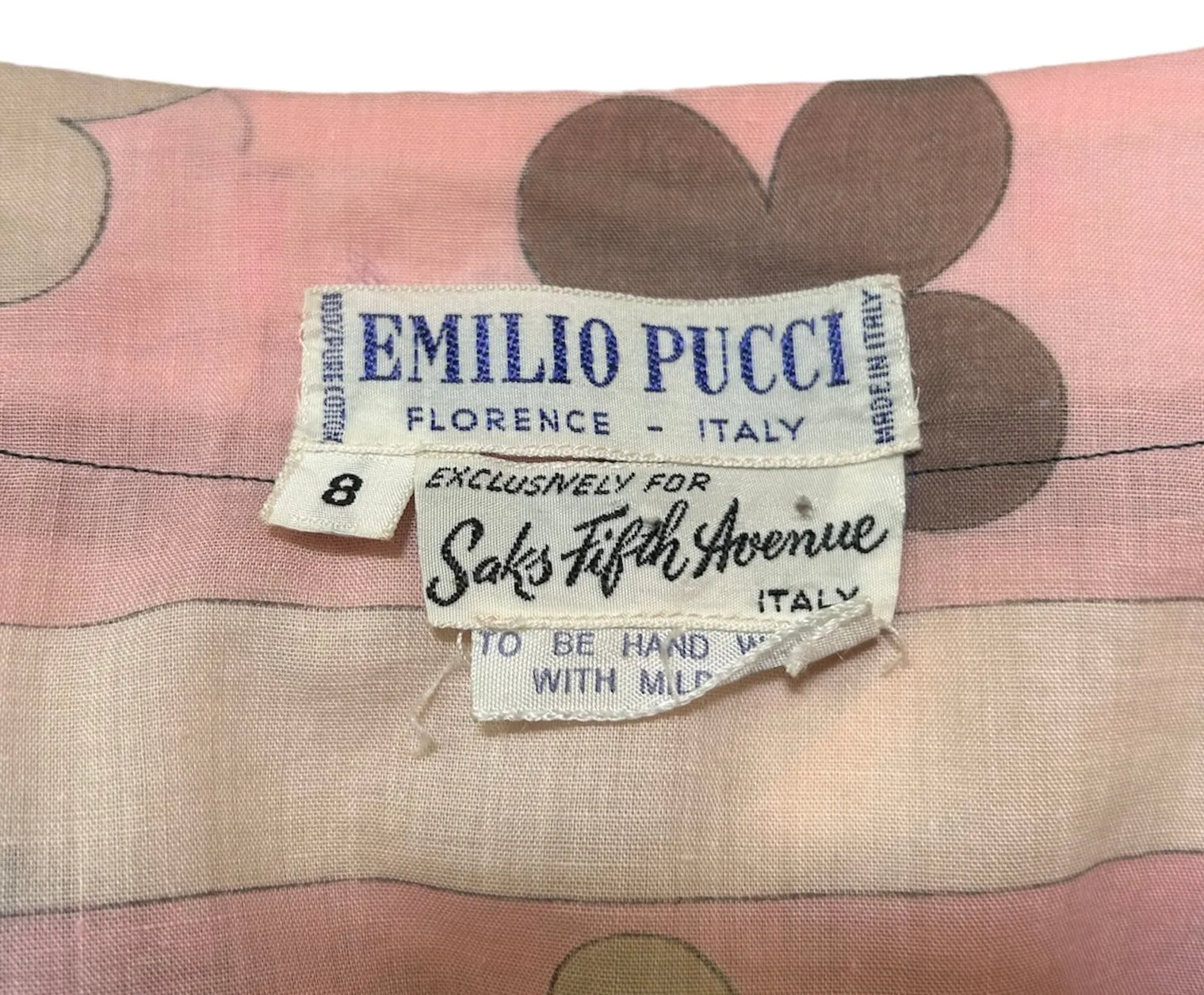 Emilio Pucci Pink and Brown "Clubs" Puff Sleeve Cotton Blouse