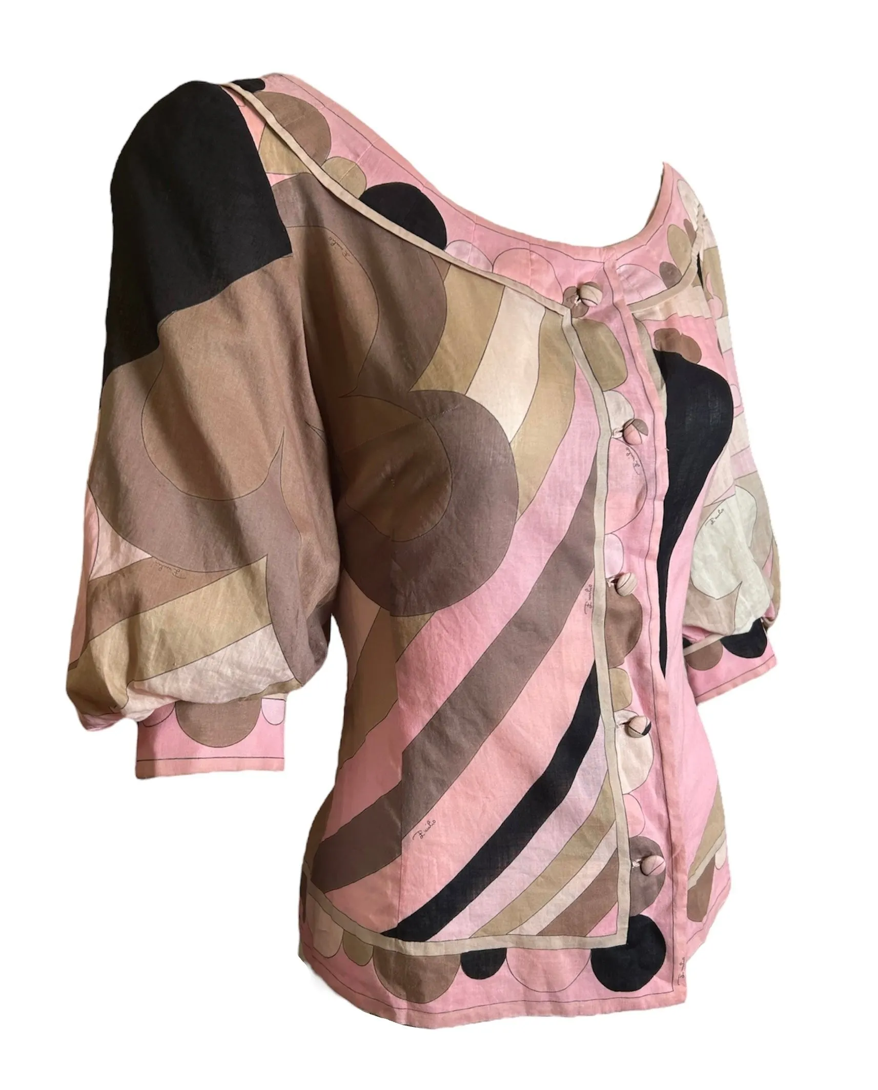 Emilio Pucci Pink and Brown "Clubs" Puff Sleeve Cotton Blouse