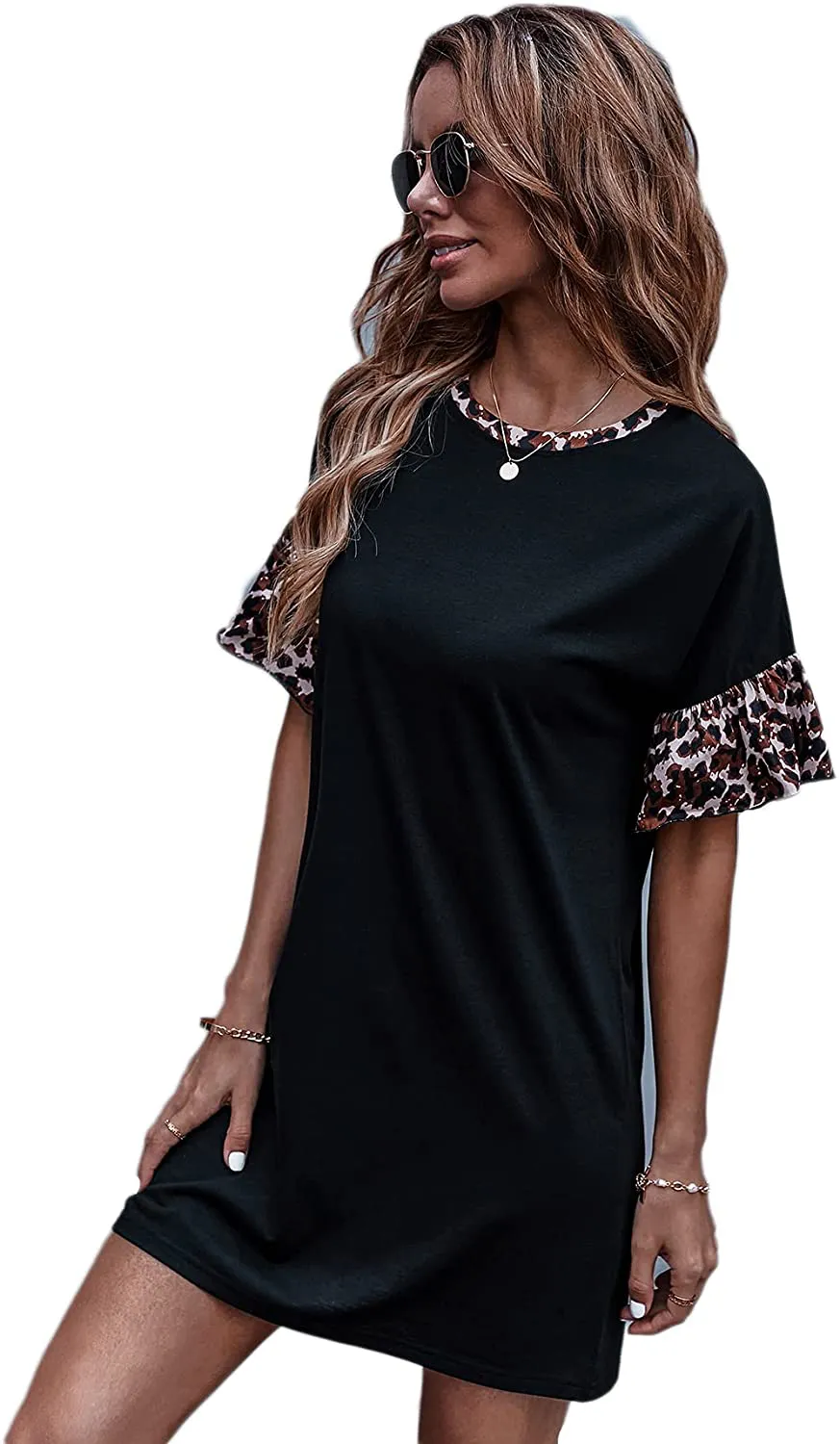 Floerns Women's Short Sleeve Color Block Leopard Print Tunic Dress