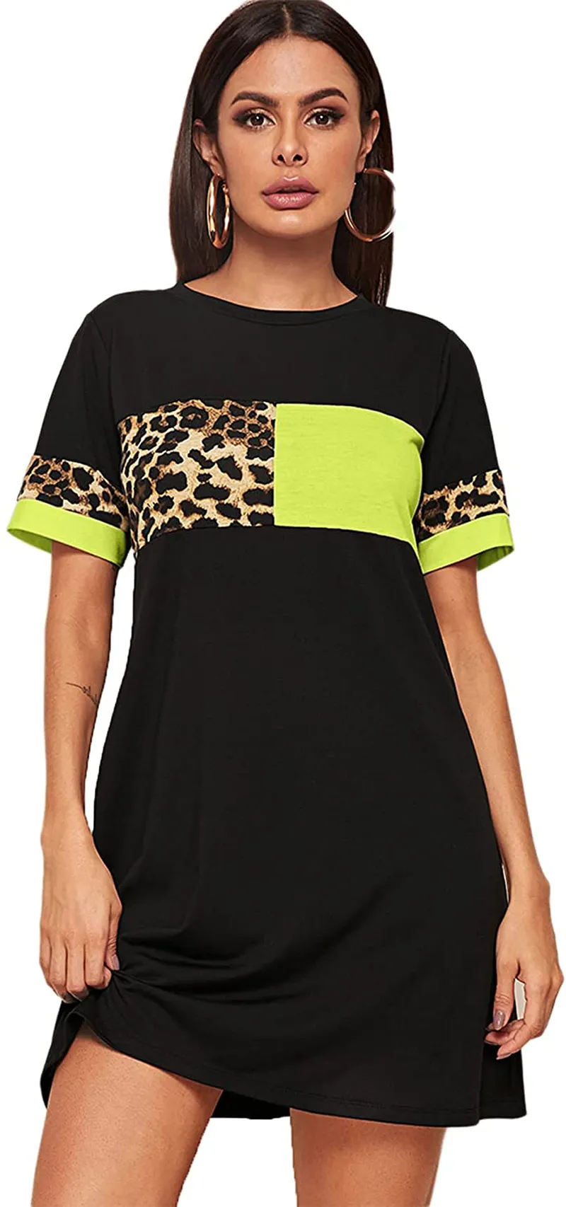 Floerns Women's Short Sleeve Color Block Leopard Print Tunic Dress