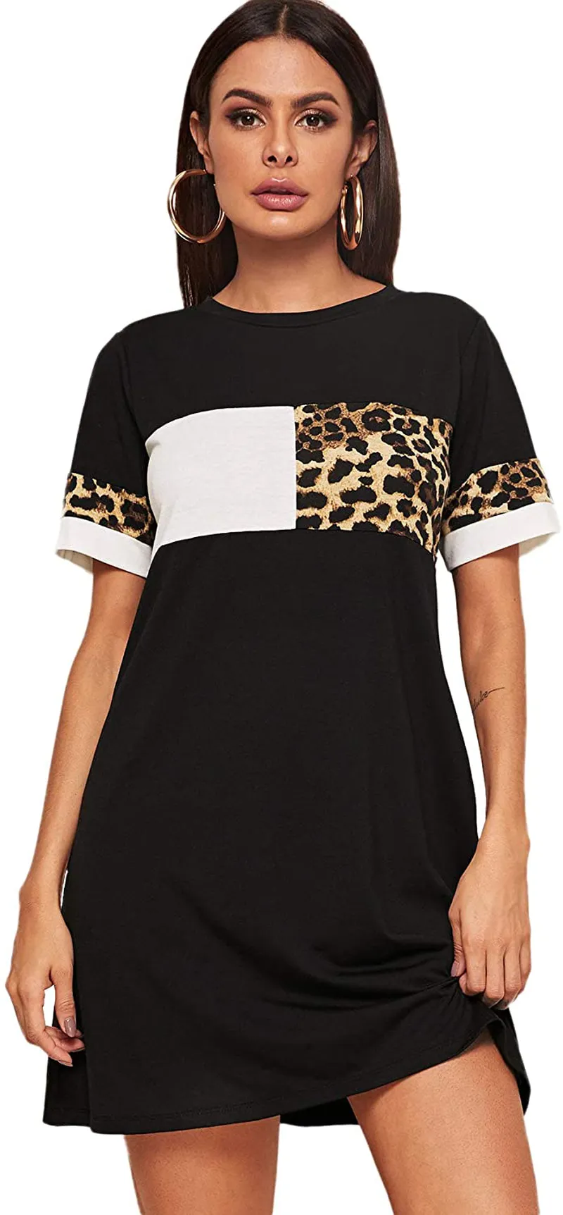 Floerns Women's Short Sleeve Color Block Leopard Print Tunic Dress