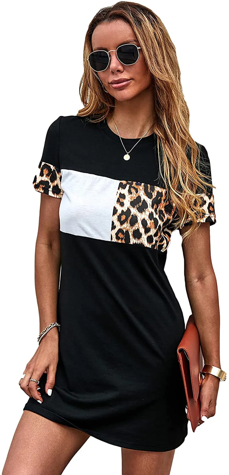 Floerns Women's Short Sleeve Color Block Leopard Print Tunic Dress