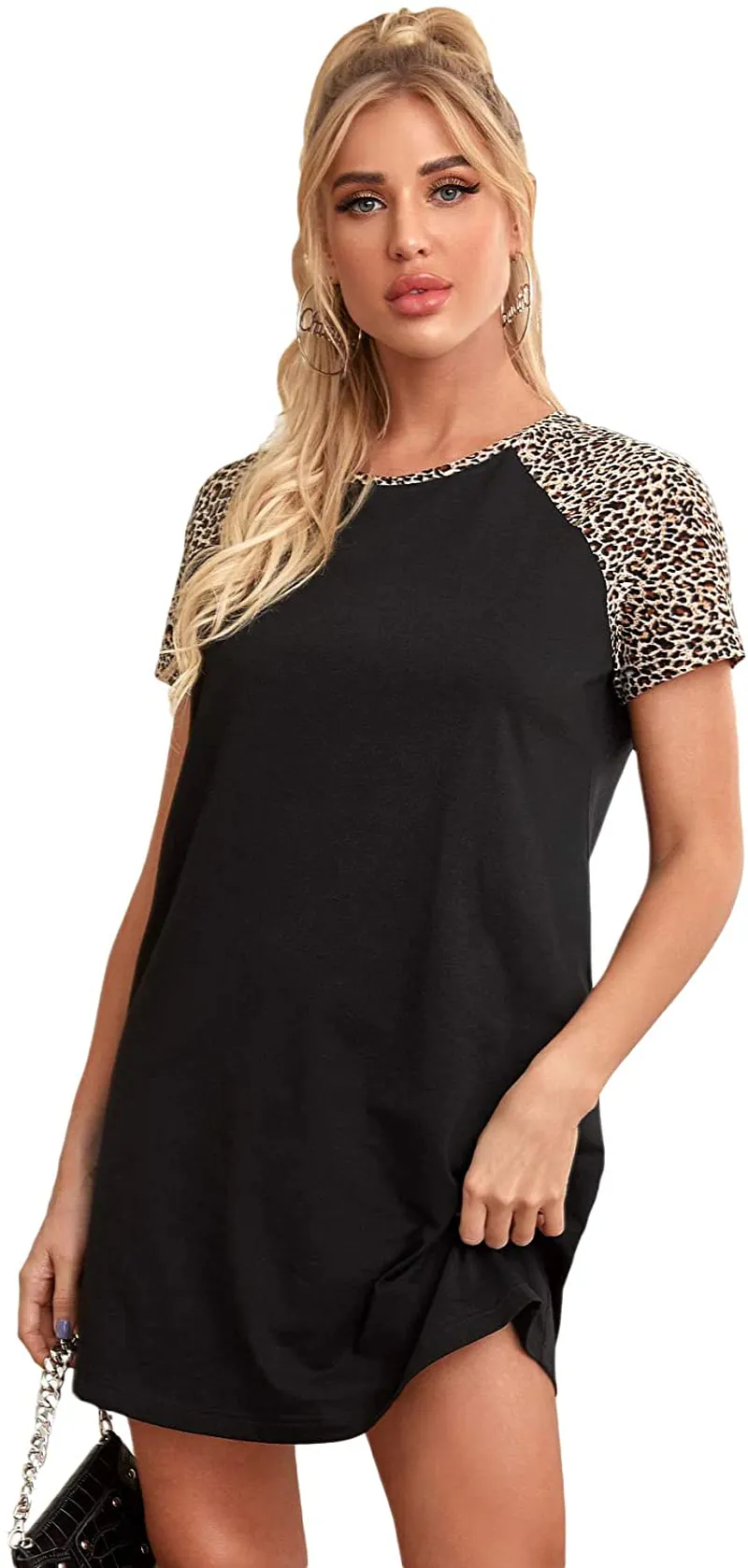 Floerns Women's Short Sleeve Color Block Leopard Print Tunic Dress