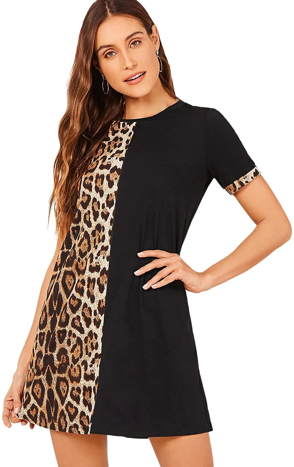 Floerns Women's Short Sleeve Color Block Leopard Print Tunic Dress