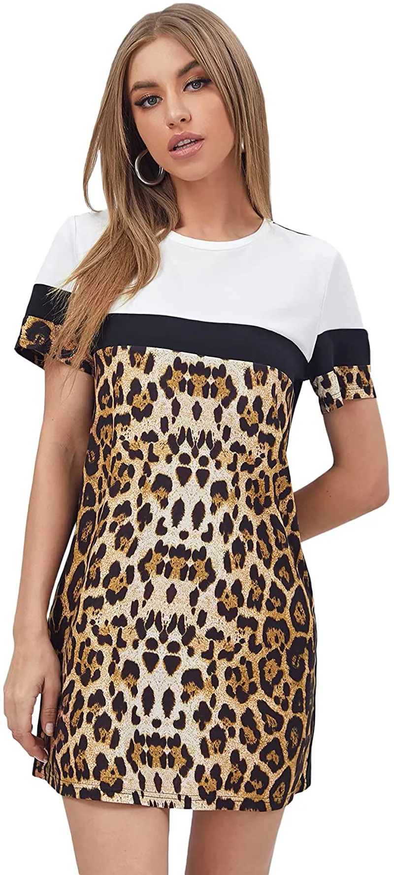 Floerns Women's Short Sleeve Color Block Leopard Print Tunic Dress