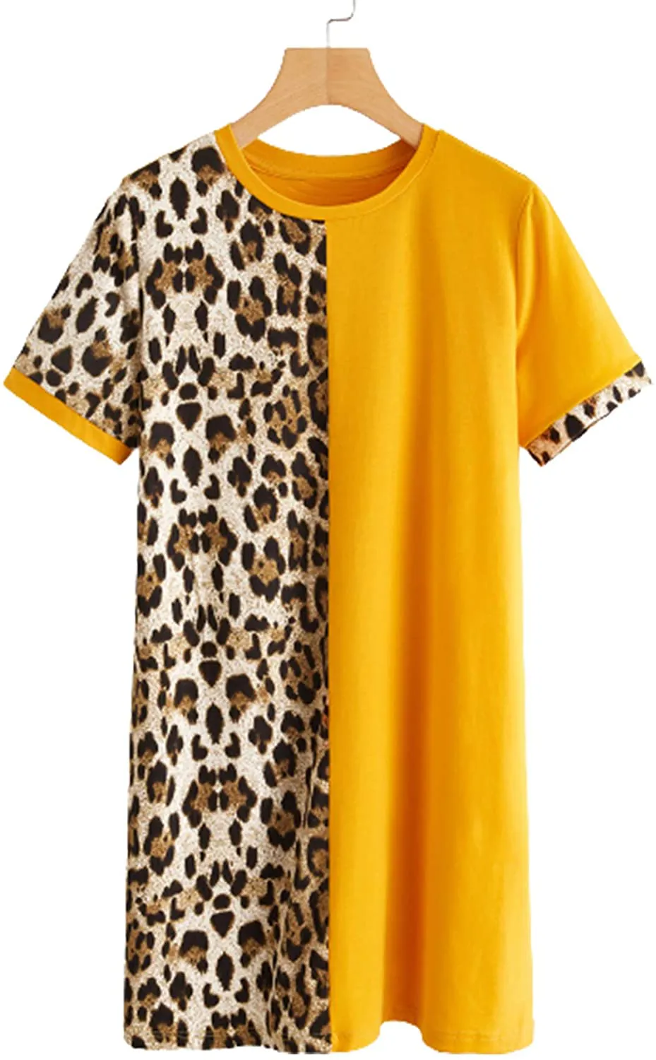 Floerns Women's Short Sleeve Color Block Leopard Print Tunic Dress