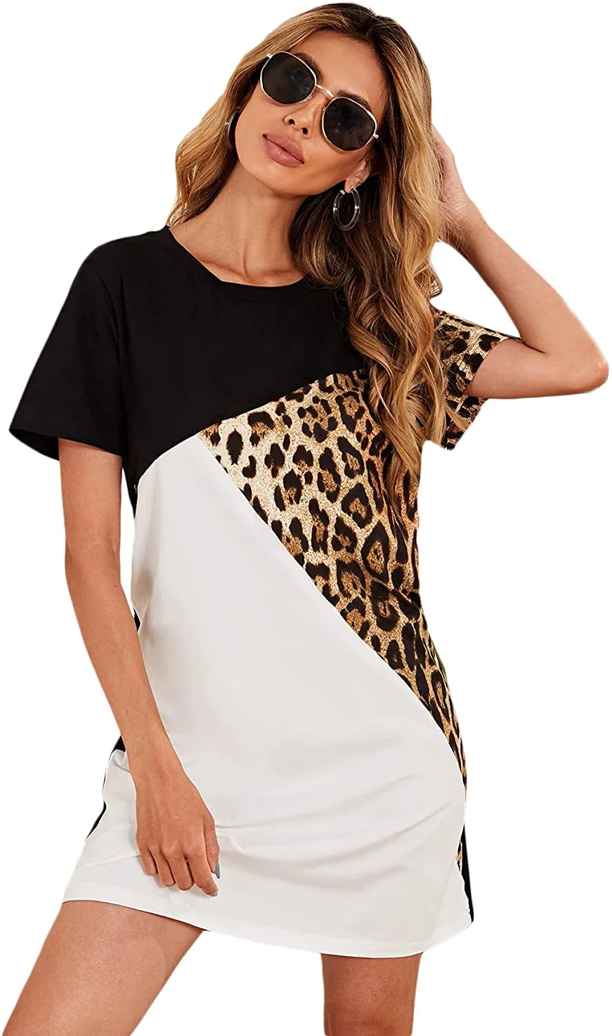 Floerns Women's Short Sleeve Color Block Leopard Print Tunic Dress